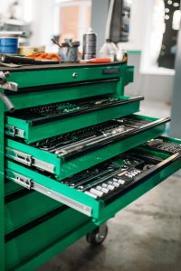 organized open tool chest in a garage